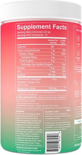 Bellway Beauty Super Fiber Powder Collagen Powder Sugar Collagen Peptides and Psyllium Husk Fiber Supplement Watermelon 10.6 oz