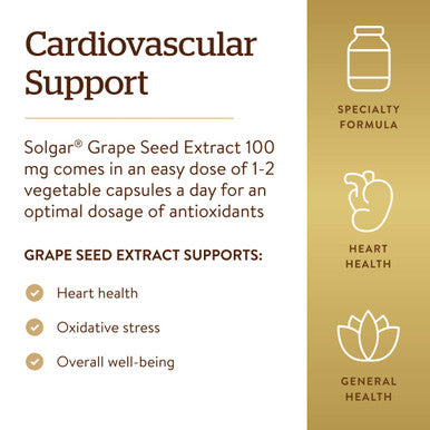 Solgar Grape Seed Extract 100 Mg 60 Vegetable Capsules - Phytonutrient Antioxidant Support - Cardio Support - Vegan Gluten Free Dairy Free - 60 Servings