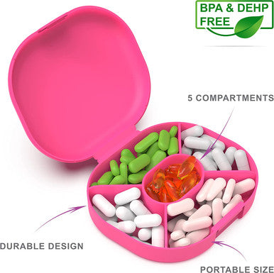 Pill Box - Pill Organiser - Travel Pill Case Pill Holder for Purse, Compact Medicine Container, Portable Vitamin Case (Pink)