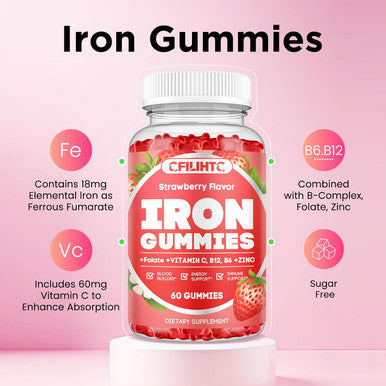 Iron Gummies For Women & Men - Iron Supplement With Vitamin B6, B12, C, Zinc, Folate For Adults & Kids - Support Iron Deficiency, Anemia, Energy Boost, Blood Builder - Sugar Vegan 60Ct Strawberry
