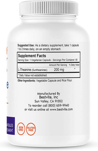L-Theanine 200mg with Patented and Clinically Studied Suntheanine (60 Vegetarian Capsules) No Stearates - No Flow Agents