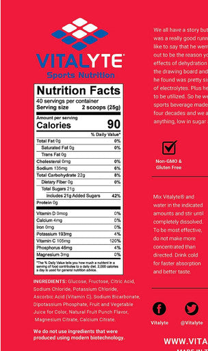 Vitalyte Natural Electrolyte Powder Drink Mix, Gluten Free, 40 2 Cup Servings Per Container (Fruit Punch)