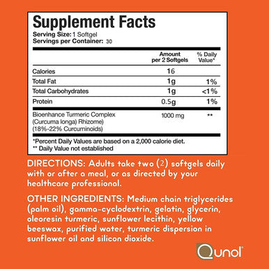 Turmeric Curcumin Softgels Qunol with Ultra High Absorption 1000mg Joint Support Dietary Supplement Extra Strength 30 Softgels