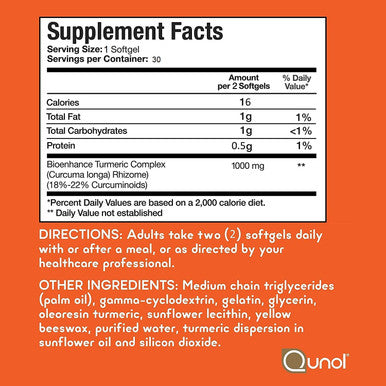 Turmeric Curcumin Softgels, Qunol with Ultra High Absorption 1000mg, Joint Support, Dietary Supplement, Extra Strength, 30 Softgels