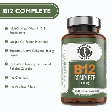 Barefoot Nutrition - B12 Complete High Strength Supplement Methylated B 12 (1000Ãƒâ€šÃ‚Âµg) - with Cofactors Methyl folate (400Ãƒâ€šÃ‚Âµg) & D-Biotin (400Ãƒâ€šÃ‚Âµg) - 60 x 1 A Day Vegan-Friendly Capsules