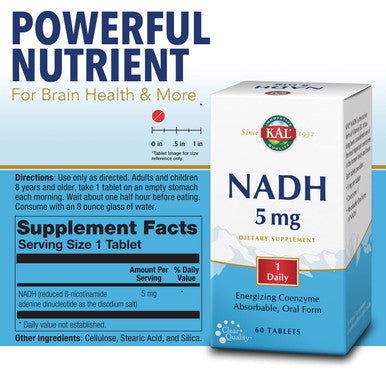 KAL NADH Energizing CoEnzyme 5mg, 1 Daily | Vitamin B3 | Mental Focus, Memory & Brain Health Support (60 Tablets, 60 Serv)