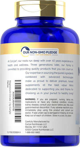 Carlyle Magnesium Citrate | 1800mg | 120 Coated Caplets | Vegetarian Non-GMO and Gluten Supplement