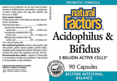 Natural Factors Acidophilus Bifidus Promotes WellBeing Digestive Health 90 Capsules