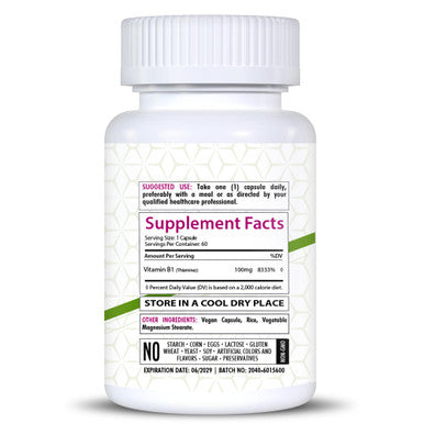 Healthfare Vitamin B1 100Mg | 60 Capsules | Thiamine Supplement | Supports Overall Health | Non-Gmo | Gluten Free (60 Capsules)