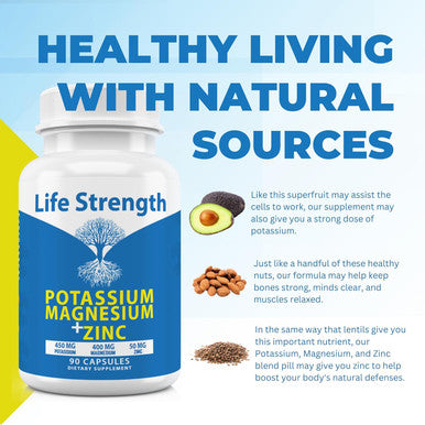 Life Strength Magnesium Potassium Supplements + Zinc 90 Capsules For Vascular Health - High Absorption Vegan, Natural Ingredients Supplement For Leg Cramps And Sleep