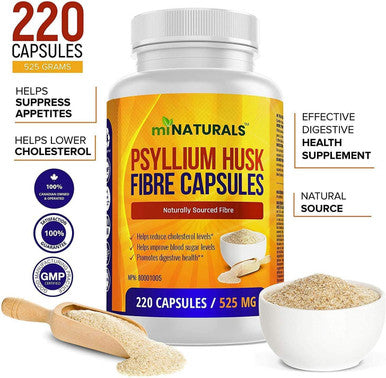 Psyllium Husk Fiber Capsules Supplement, Helps with Weight Loss, Natural, Supports Digestive Health, Eases Constipation, 220 Capsules, by miNATURALS