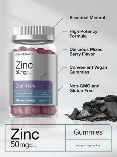 HorbAach Zinc 50Mg 70 Gummies Mixed Berry Flavor Vegan, Non-Gmo And Gluten Formula Zinc Citrate Dietary Supplement