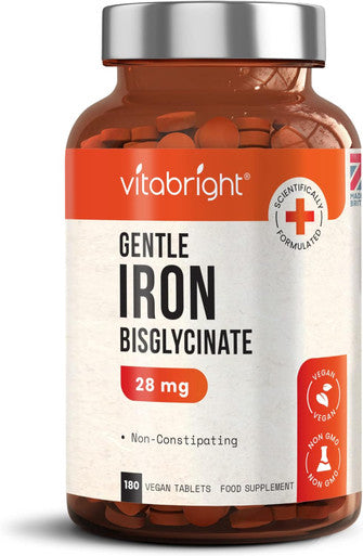 Vitabright Gentle Iron Tablets High Strength 28mg Vegan Iron Tablets Women & Men Chelated (Organic) Iron Supplements for Women & Teens Energy Tablets for Tiredness VitaBright Strong Iron Bisglycinate