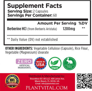 Plantvital Berberine Organic - Berberine 1200Mg Non-Gmo Berberine Supplement For Immunity Support, Normal Cardiovascular Health -240 Count, Vegan, And Made In The Usa