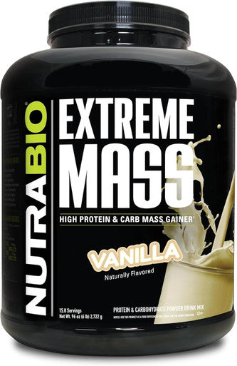 Nutrabio Extreme Mass - 53G Protein - Advanced Anabolic Muscle Mass Gainer Protein - High Calorie - Full Spectrum Amino Acid - Vanilla 6 Pound