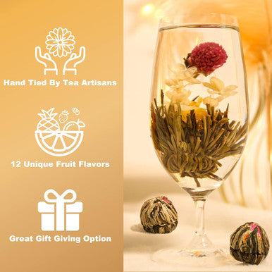 Fullchea - Blooming Flowering Tea 12 Unique Varieties - Flowering Tea in 12 Delicious Fruit Flavors - For Tea Lovers Christmas Anniversary Valentine Birthday