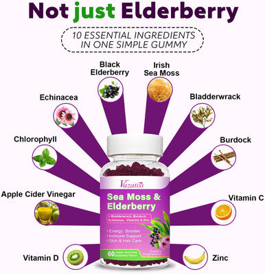 2 Pack Elderberry & Sea Moss Gummies, With Vitamin C, Bladderwrack, Burdock, Echinacea, Immune Support For Women, Men, Adults & Kids, Blueberry Flavor 120Ct