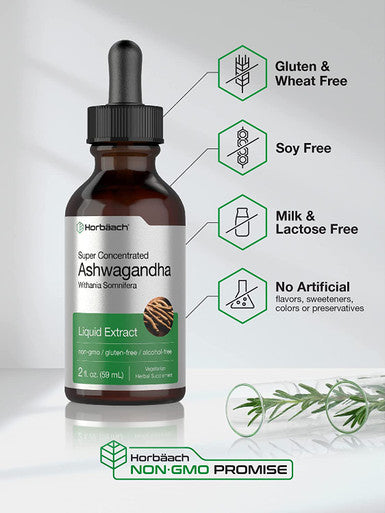 Ashwagandha Root Liquid Extract 2 fl oz Alcohol Free Tincture Vegetarian Non GMO Gluten Free Supplement by Horbaach