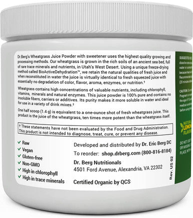 Dr. Berg's Raw Wheatgrass Juice Powder (60 Servings) - USDA Organic Wheatgrass Powder w/ Chlorophyll, Trace Minerals & Natural Enzymes - Ultra-Concentrated - Lemon Flavor w/ Stevia 1 Pack
