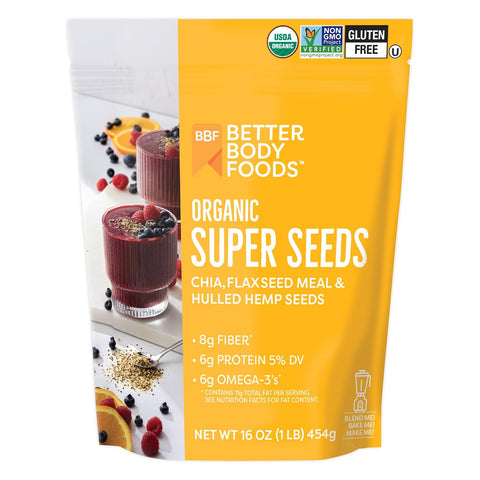 BBF Organic Super Seeds Blend 1 lb, Chia Seeds, Flax Seeds, Hemp Hearts