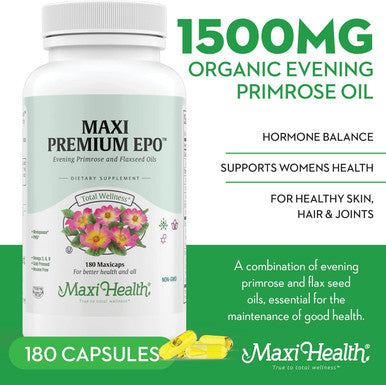 Maxi Health Evening Primrose and Flax Seeds Oil Softgels - Vegan Omega 3 6 9 Supplements for Healthy Skin Hair and Joints - Kosher Organic Evening Primrose Oil Softgels 180 Count
