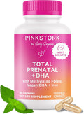 Pink Stork Total Prenatal Vitamins with DHA Folate Iron Choline and Vitamin B12 - Prenatals for Women to Support Fetal Development Pregnancy Must Haves - Mint Essence 60 Capsules 1 Month Supply