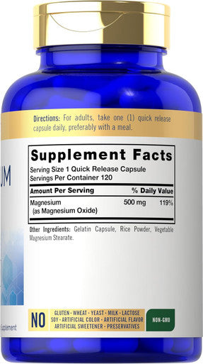 Carlyle Magnesium Oxide 500mg | 120 Capsules | Premium Quality | Non-GMO and Gluten Supplement