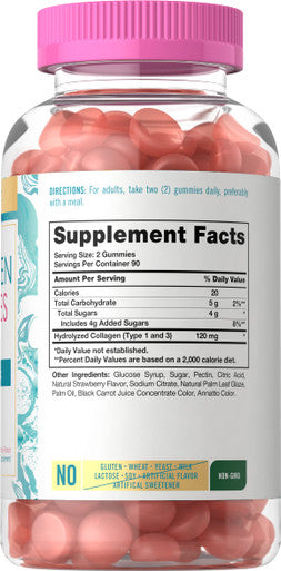Carlyle Collagen Peptide Gummies 180 Count | Strawberry Flavor Beauty Supplement | Hydrolyzed Collagen For Women & Men | Type 1