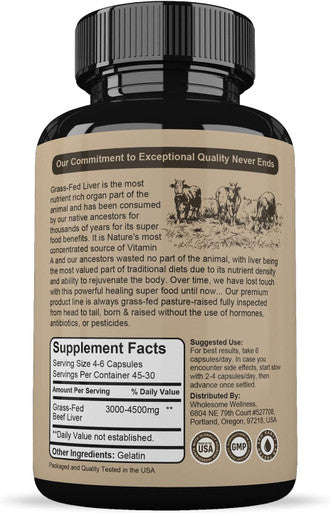 Wholesome Wellness Grass Fed Desiccated Beef Liver Capsules (180 Pills, 750mg Each) - Natural Iron, Vitamin A, B12 for Energy - Humanely Pasture Raised Undefatted in New Zealand Without Hormones or Chemicals