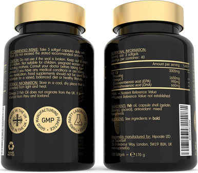 SuperSelf Fish Oil Omega 3 Capsules High Strength 3000mg 120 Softgel Capsules - Easy to Swallow & Burpless - Triple Potency DHA 660mg & EPA 990mg - UK Made Omega 3 Supplement - 1000mg Fish Oil per Tablet