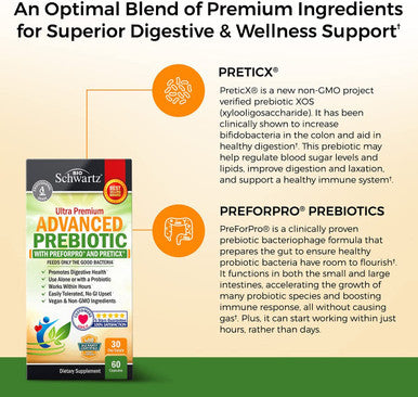 Prebiotics for Advanced Gut Health Immune System Booster Dietary Fiber Fuels Good Bacteria Growth to Promote Digestive Health Gas Relief Digestion Probiotics Support for Men Women 60ct