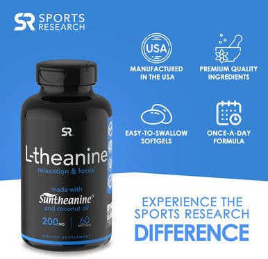 Suntheanine LTheanine 200mg DoubleStrength in ColdPressed Organic Coconut Oil NonGMO Gluten 60 Liquid Softgels