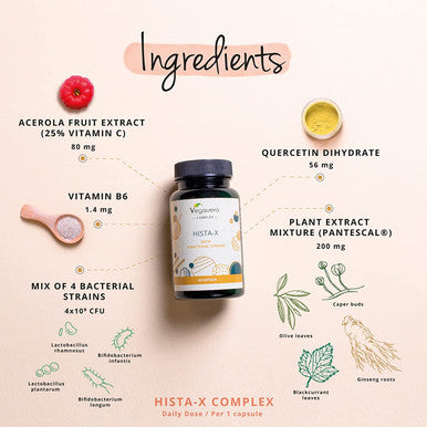 Anti-Histamine Complex VegaveroÃƒâ€šÃ‚Â® | with Probiotics, PantescalÃƒâ€šÃ‚Â®, Quercitin, Vitamin C and B6 | for DAO Enzyme Deficiency & Histamine Intolerance | NO Additives | 60 Vegan Capsules
