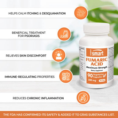 Supersmart Fumaric Acid 500 mg Per Day May Help to Reduce Patches of Peeling Skin Anti Inflammatory Supplement NonGMO Gluten Free 90 Vegetarian Capsules