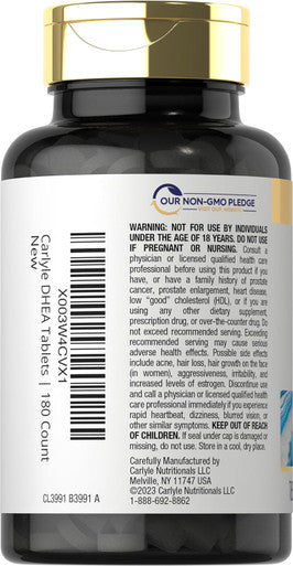 Carlyle DHEA 25mg Supplement 180 Vegetarian Tablets for Men and Women Non-GMO and Gluten