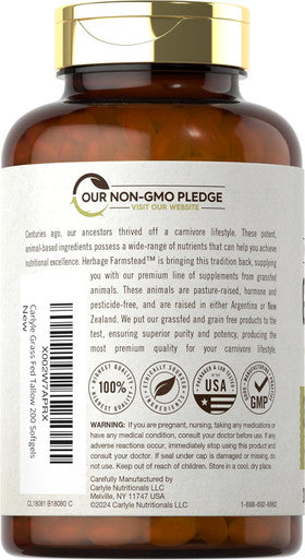 Carlyle Grass Fed Beef Tallow 3120mg | 200 Softgel Capsules | Pasture Raised Bovine Supplement | Non-GMO Gluten | by Herbage Farmstead