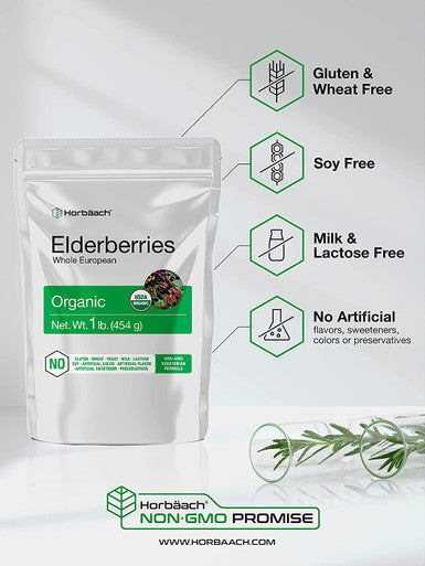 Organic Dried Elderberries | 1 lb Bulk Bag | European Whole | Non-GMO, Gluten Free | Sambucus Nigra | by Horbaach