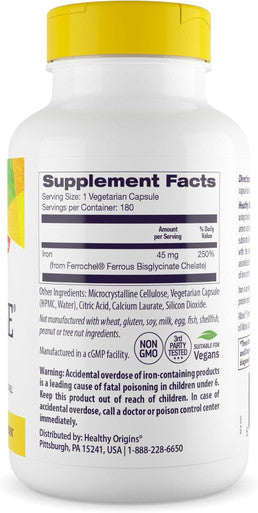 Healthy Origins Iron Ease 45 mg (Featuring Albion Ferrochel, Non-GMO, High Potency, Ferrous Bisglycinate Chelate), 180 Veggie Caps