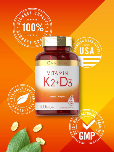 Carlyle Vitamin K2 And D3 Supplement 300 Softgels 200Mcg K2 Mk7 & 10,000 Iu D3 Non-Gmo, Gluten Free