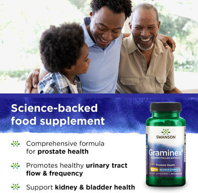 Swanson Maximum Strength Graminex Flower Pollen Extract - Supports Prostate Health Urinary Tract Function and Kidney Health - Mens Health Supplement - (60 Capsules 500mg Each) (2 Pack)