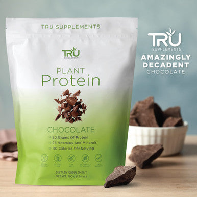TRU Supplements Plant Based Protein Powder BCAA EAA 20g Vegan Brown Rice & Pea Protein 100 Calories 27 Vitamins No Artificial Flavors 25 Servings (Natural Chocolate Cream)