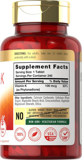Carlyle Vitamin K 100 mcg | 240 Tablets | Vegetarian Non-GMO Gluten | Vitamin K Supplement