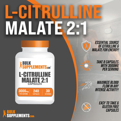 Bulksupplements.Com L-Citrulline Malate Capsules - L-Citrulline Dl-Malate 2:1, Citrulline Malate Supplement - Gluten Free, 8 Capsules Per Serving, 240 Capsules (Pack Of 1)