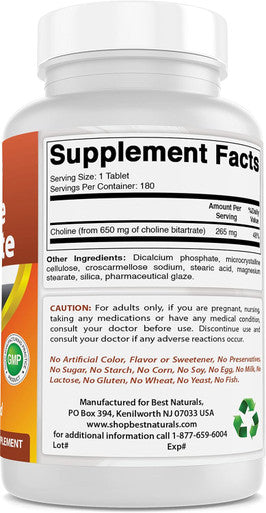 Best Naturals Choline Bitartrate 650 mg (Non-GMO) for Healthy Cognitive Brain Function 180 Tablets