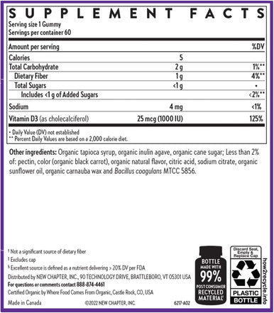 New Chapter Organic Vitamin D3+ Gummies 72% Less Sugar 1,000 Iu Usda Organic Vitamin D One Daily Gummy For Strong Bones and Muscle Function Non-Gmo Gluten Free Mixed Berry Flavored 60 Count