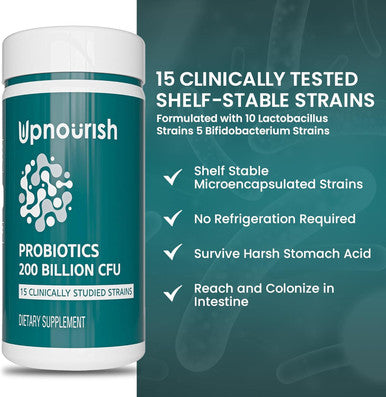 Upnourish Probiotics - 200 Billion Cfus, 15 Strains, Prebiotics & Enzymes - 60 Vegan Capsules