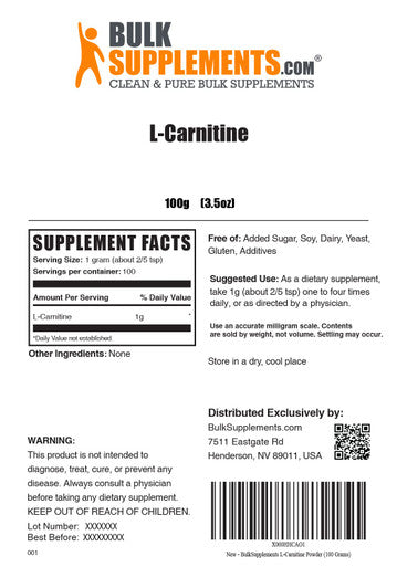 BulkSupplements L-Carnitine Powder (Base) - Amino s Supplement for Muscle Recovery & Endurance - - 1000mg (1g) , 100 Servings (100 Grams - 3.5 oz)