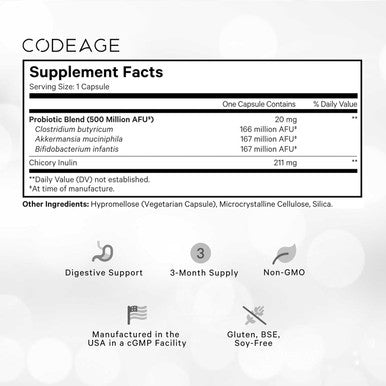 Codeage Glp-1 Probiotic+ - Live Probiotics Akkermansia, Clostridium, Bifidobacterium, Chicory Inulin Probiotic, Prebiotics & Postbiotics Supplement - 500 Million Afu, 3-Month Supply - 90 Capsules