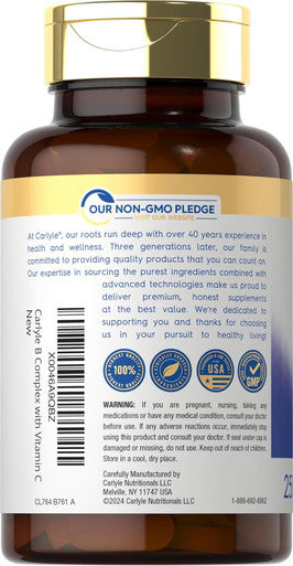 Carlyle Vitamin B Complex Plus Vitamin C | 250 Caplets | Vegetarian Non-GMO and Gluten Supplement