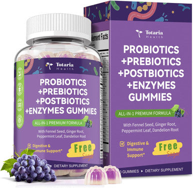 Totaria Sugar Free 5 in 1 Probiotic Prebiotic Postbiotic Gummy 36 Strains Probiotics for Women Men with Digestive Enzymes Peppermint Complete Immune Gut and Digestive Support Vegan